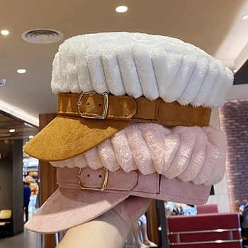 Femeile vânzător de ziare Vizor de Epocă Bereta Pălărie de Iarnă de Pluș Pufos Top Plat Capac F3MD