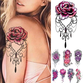 Impermeabil Tatuaj Temporar Autocolant Roz Purpuriu Trandafir De Lotus, Bujor Tatuaje Dantelă Flori Body Art Brațul Fals Maneci Tatuaj Femei Bărbați